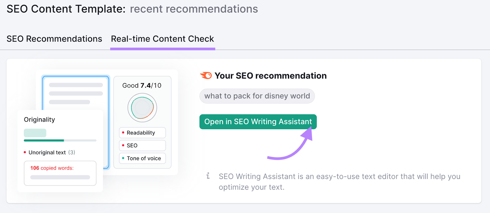 "Open in SEO Writing Assistant" button