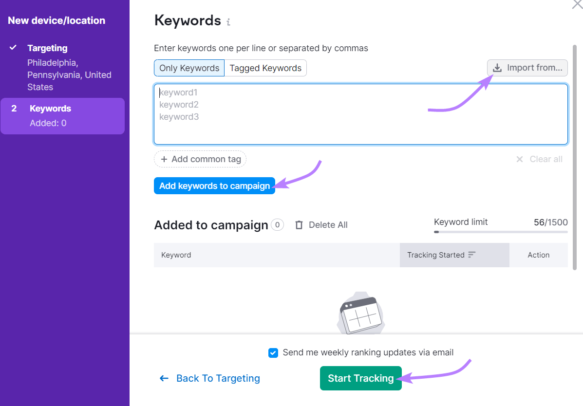 "Keywords" window in Position Tracking tool settings