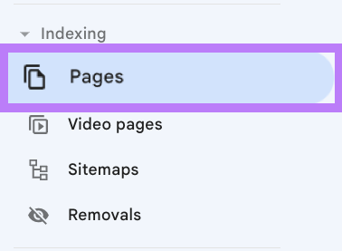 “Pages” selected from the Google Search Console sidebar