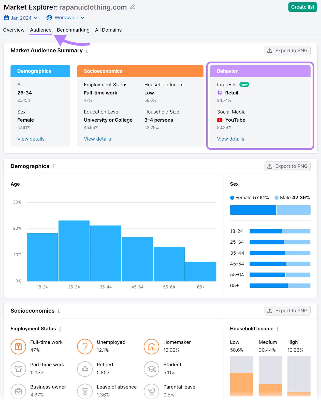 Market audience summary, demographics, and socioeconomics data shown for Rapanui in Market Explorer tool