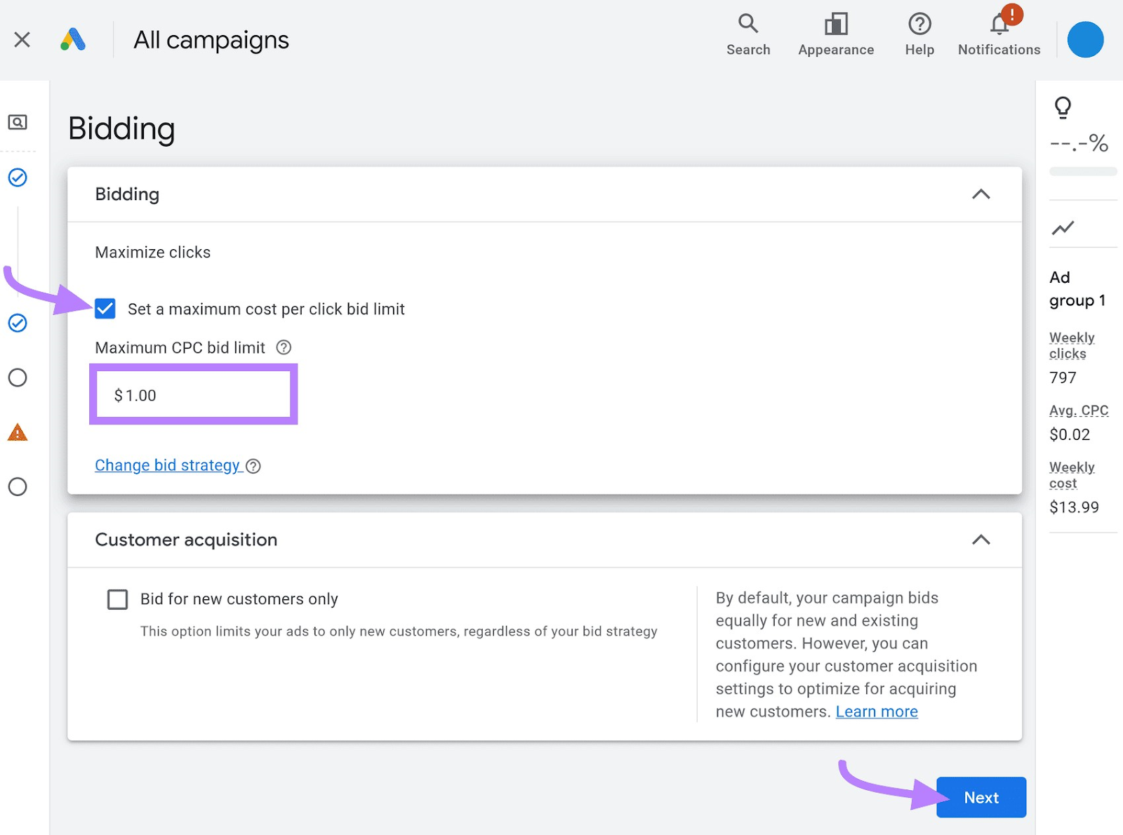 Set a maximum cost per click bid limit