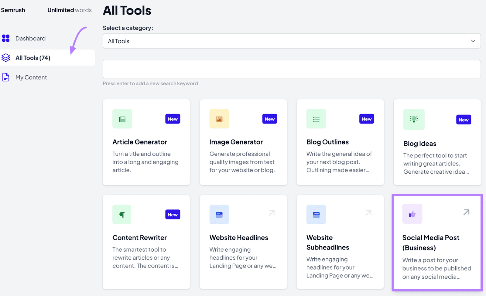 AI Writing Assistant interface, with various options represented in a card format, and a focus on Social Media Post.