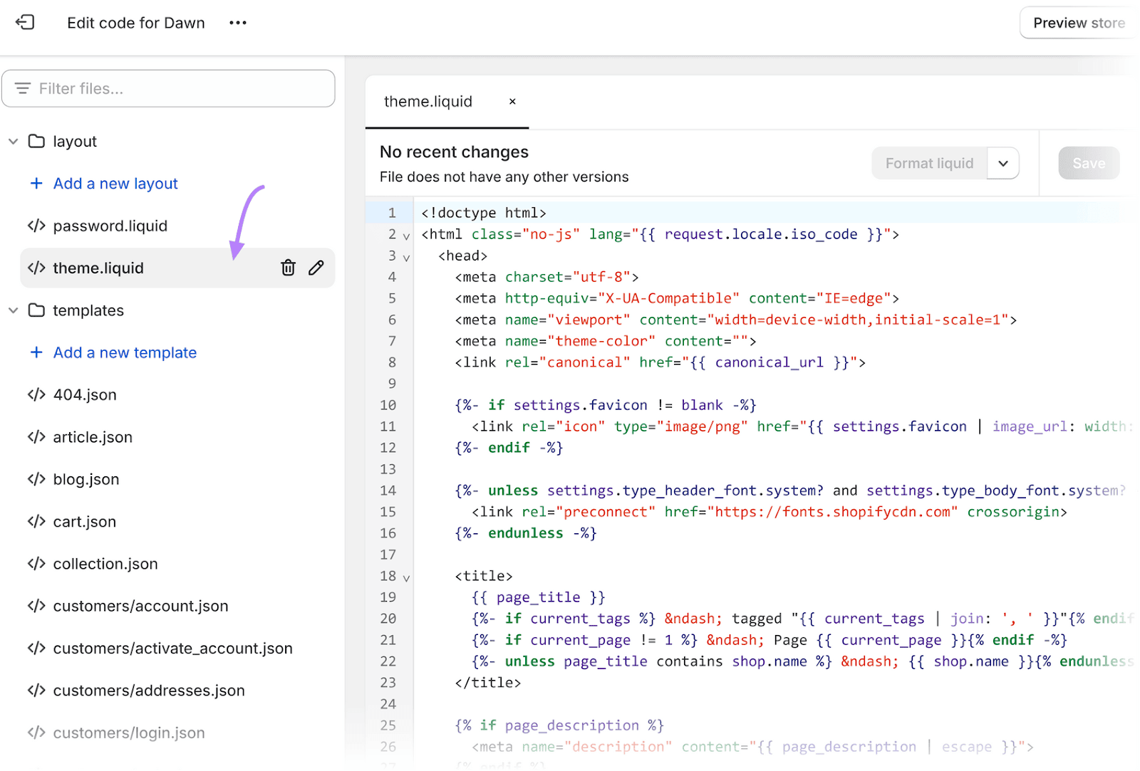 Shopify interface showing code editor with "theme.liquid" file open and HTML code displayed