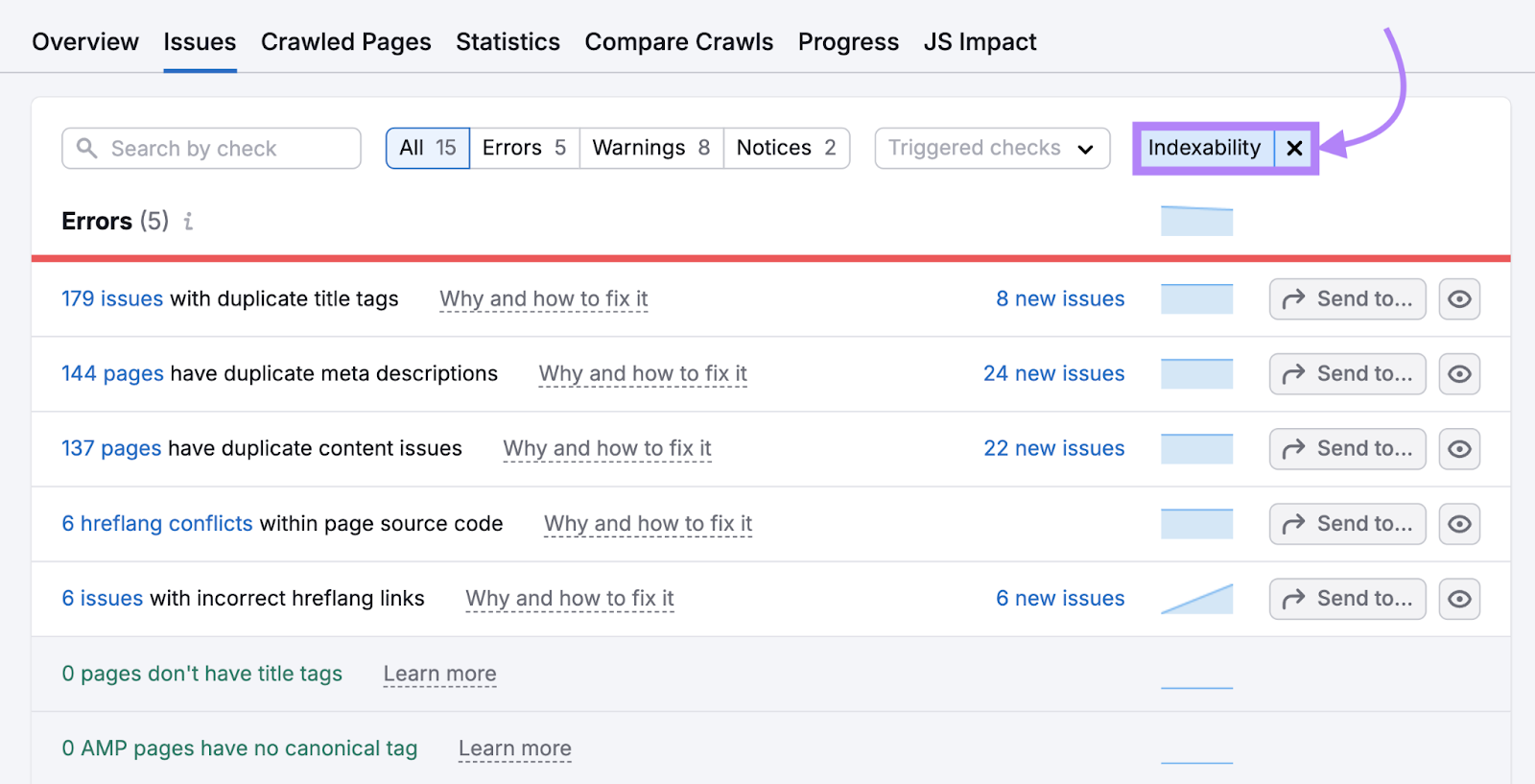 indexability chosen from the category drop down. issues include duplicate title tags, duplicate content, and more