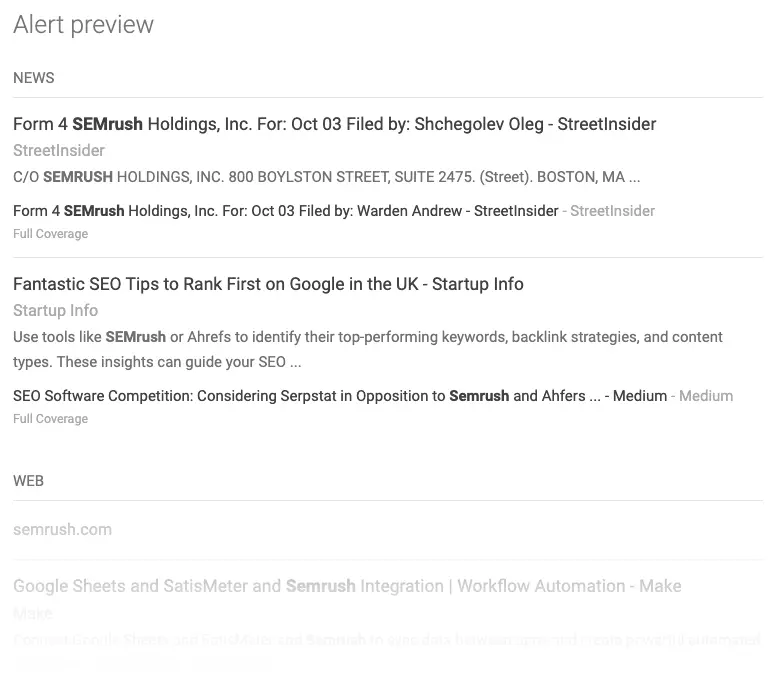 "Alert preview" section of Google Alerts