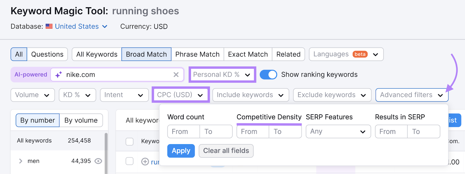 Filters for personal keyword difficulty, CPC, and competitive density highlighted