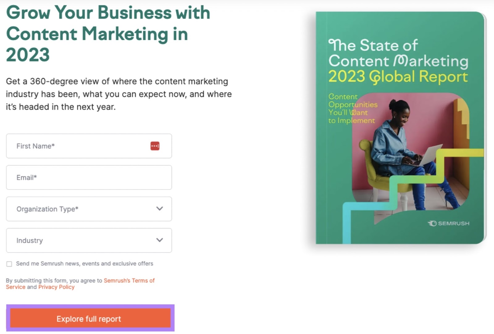 Semrush form landing page with highlighted CTA