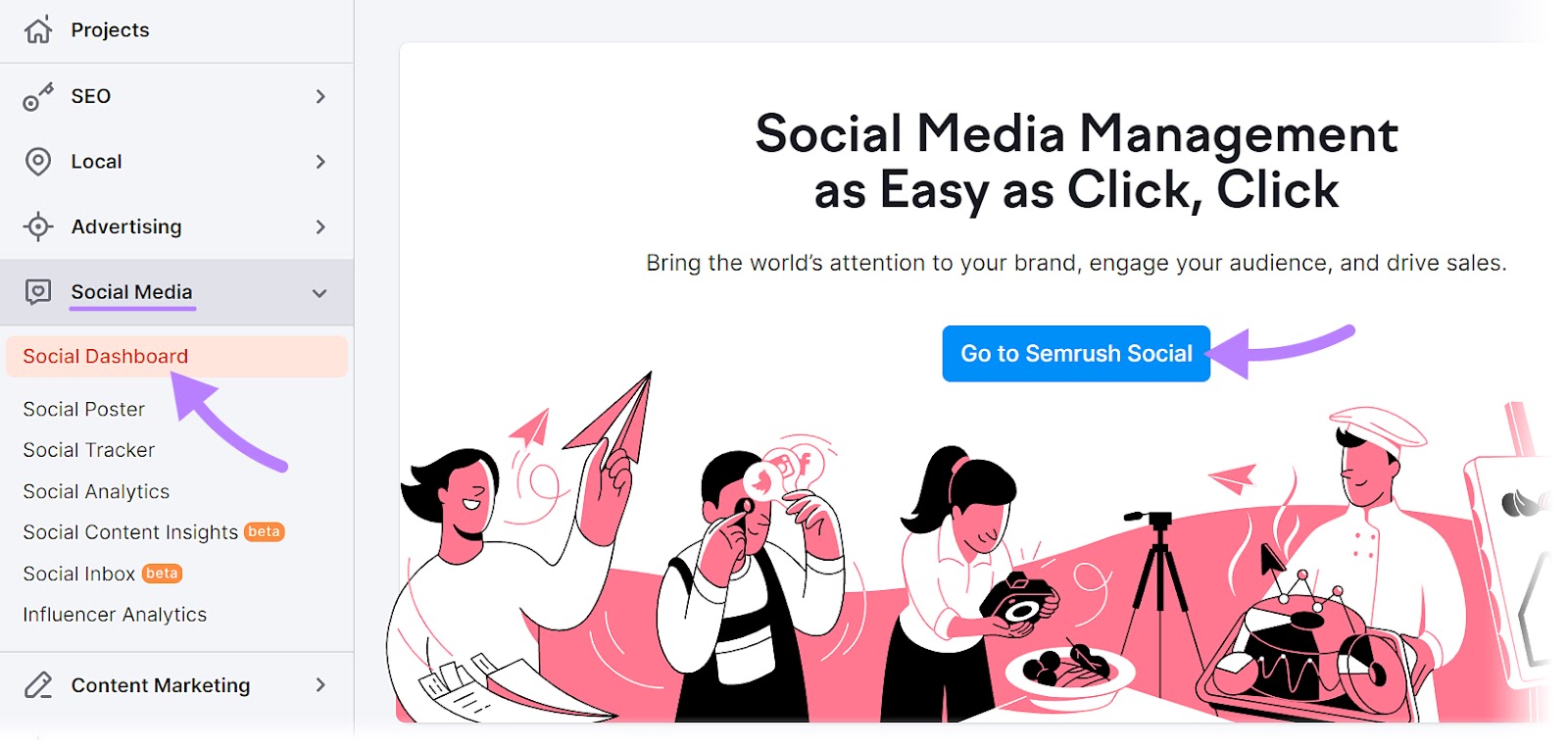 “Go to Semrush Social" button