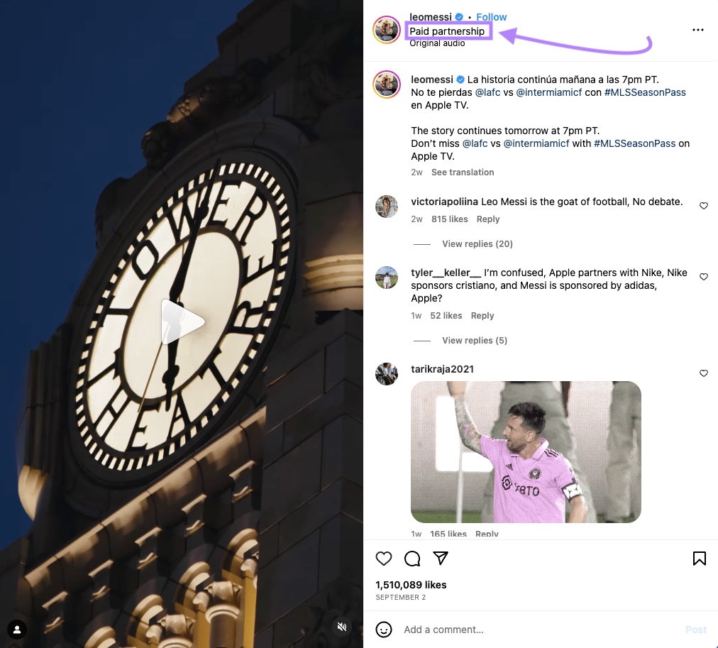 An example of Instagram “Paid partnership” post from @leomessi