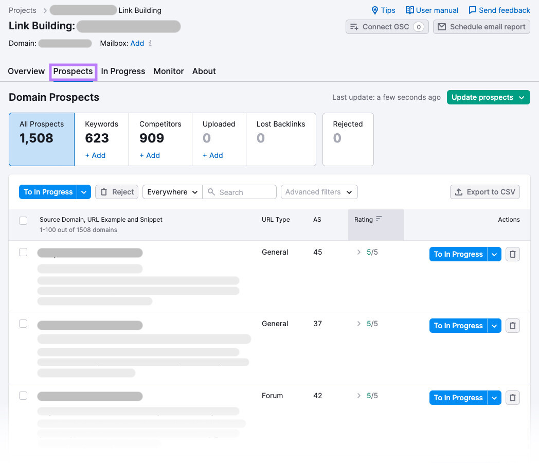 "Prospects" tab in Link Building Tool