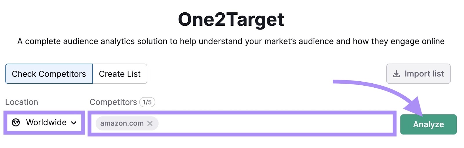 "amazon.com" entered into the One2Target tool