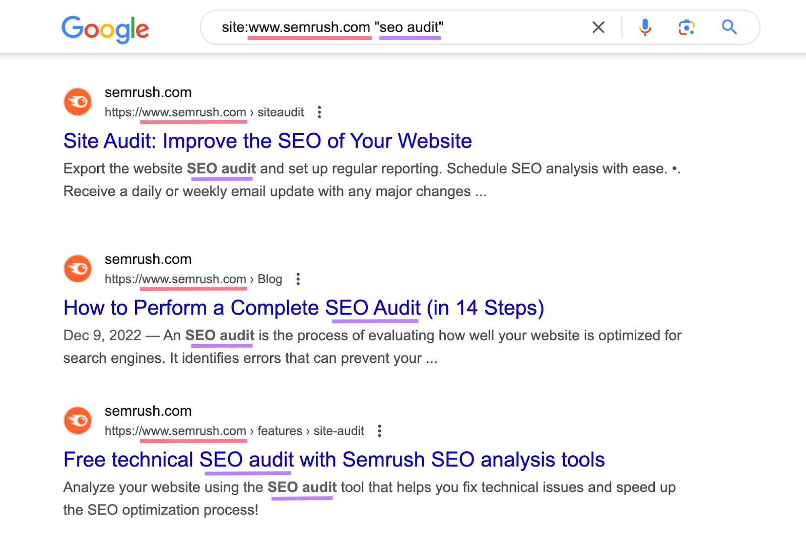 search for "site:www.semrush.com "seo audit"" shows list of urls on semrush with keyword mentioned