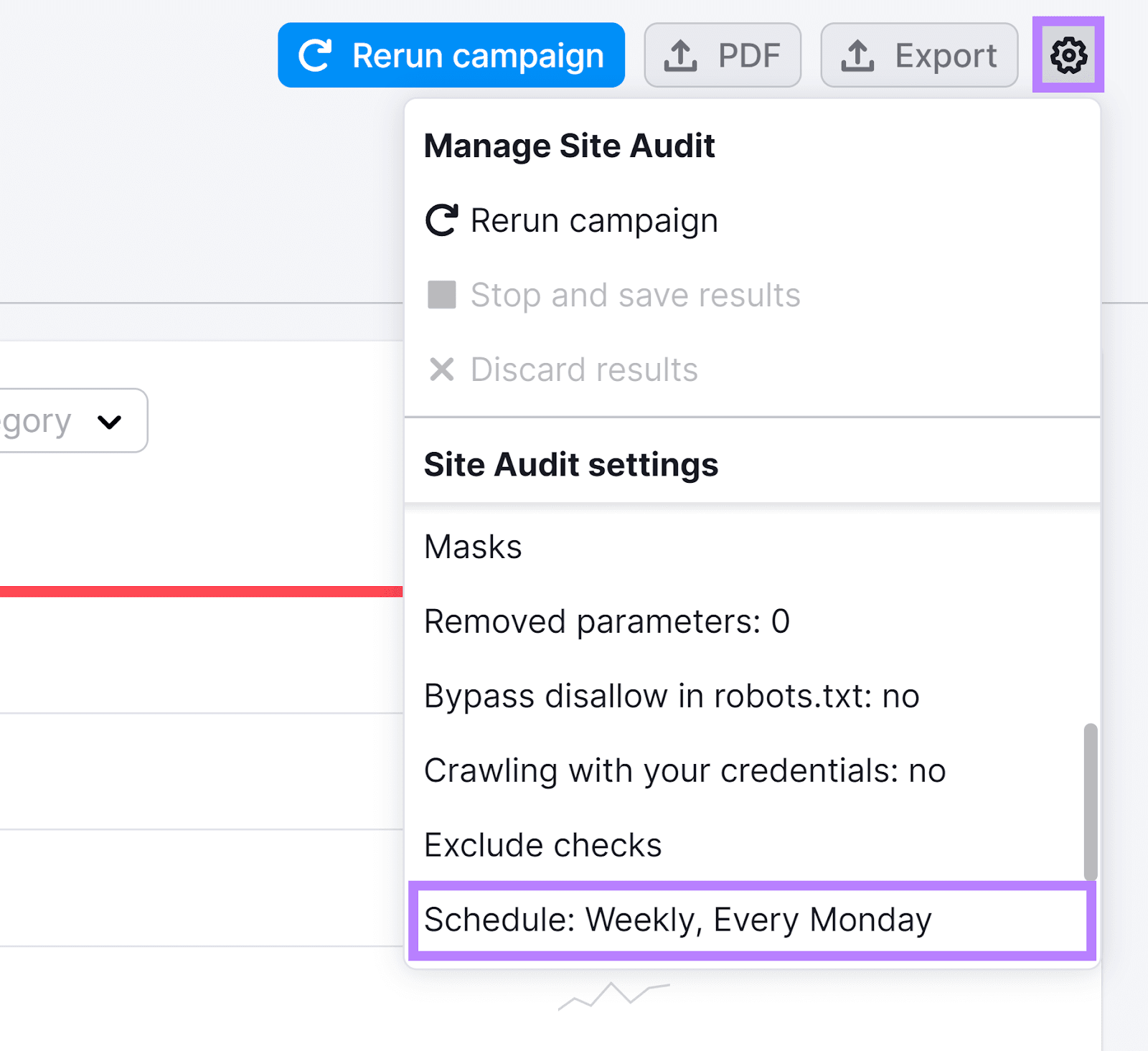 Settings button clicked and schedule option highlighted.