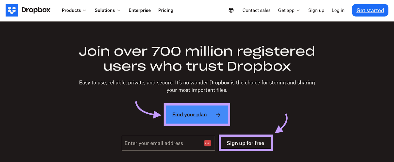 Dropbox homepage showing a call to action and clickable buttons to sign up for free and find your plan.