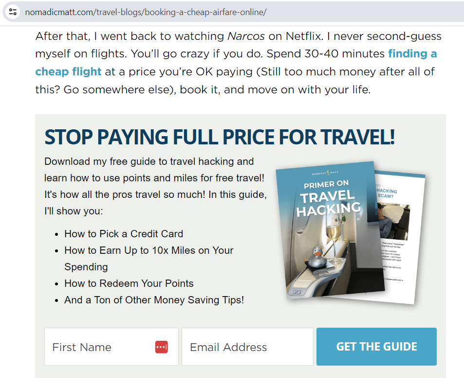 “Get the Guide” CTA on Nomadic Matt's site