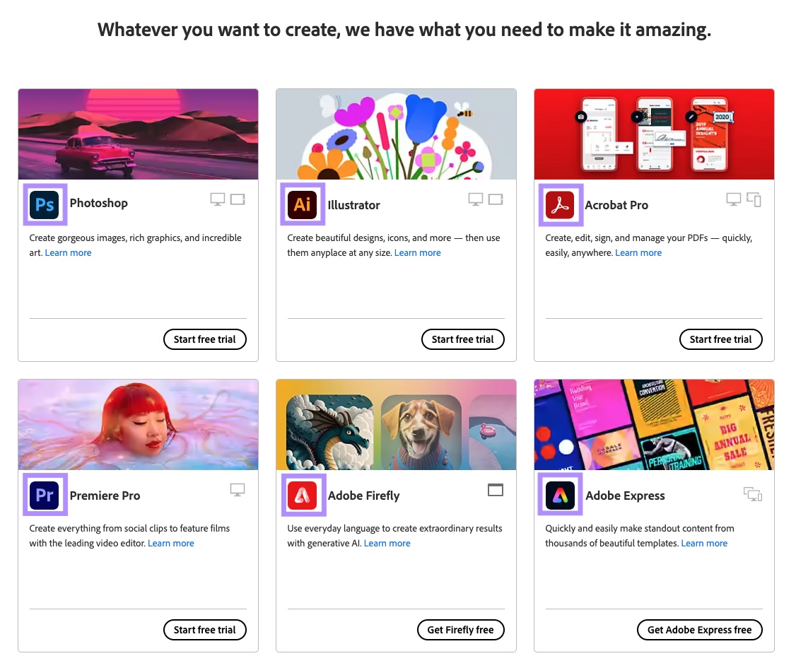 Creative Cloud applications page