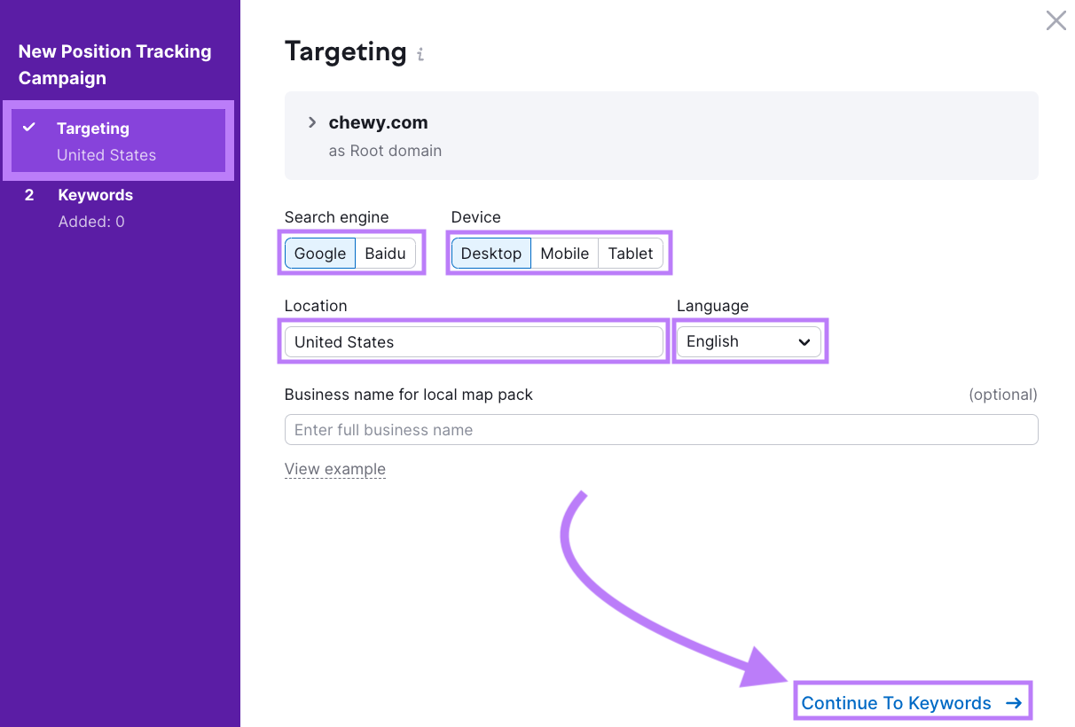 "Targeting" window in Position Tracking settings