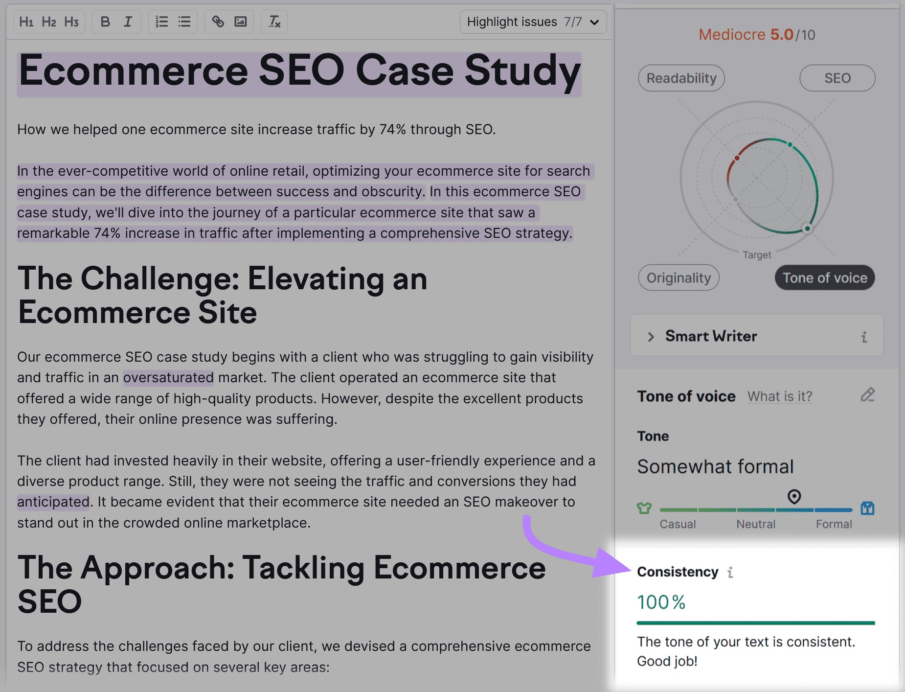 SEO Writing Assistant editor with "Consistency" section highlighted on the right