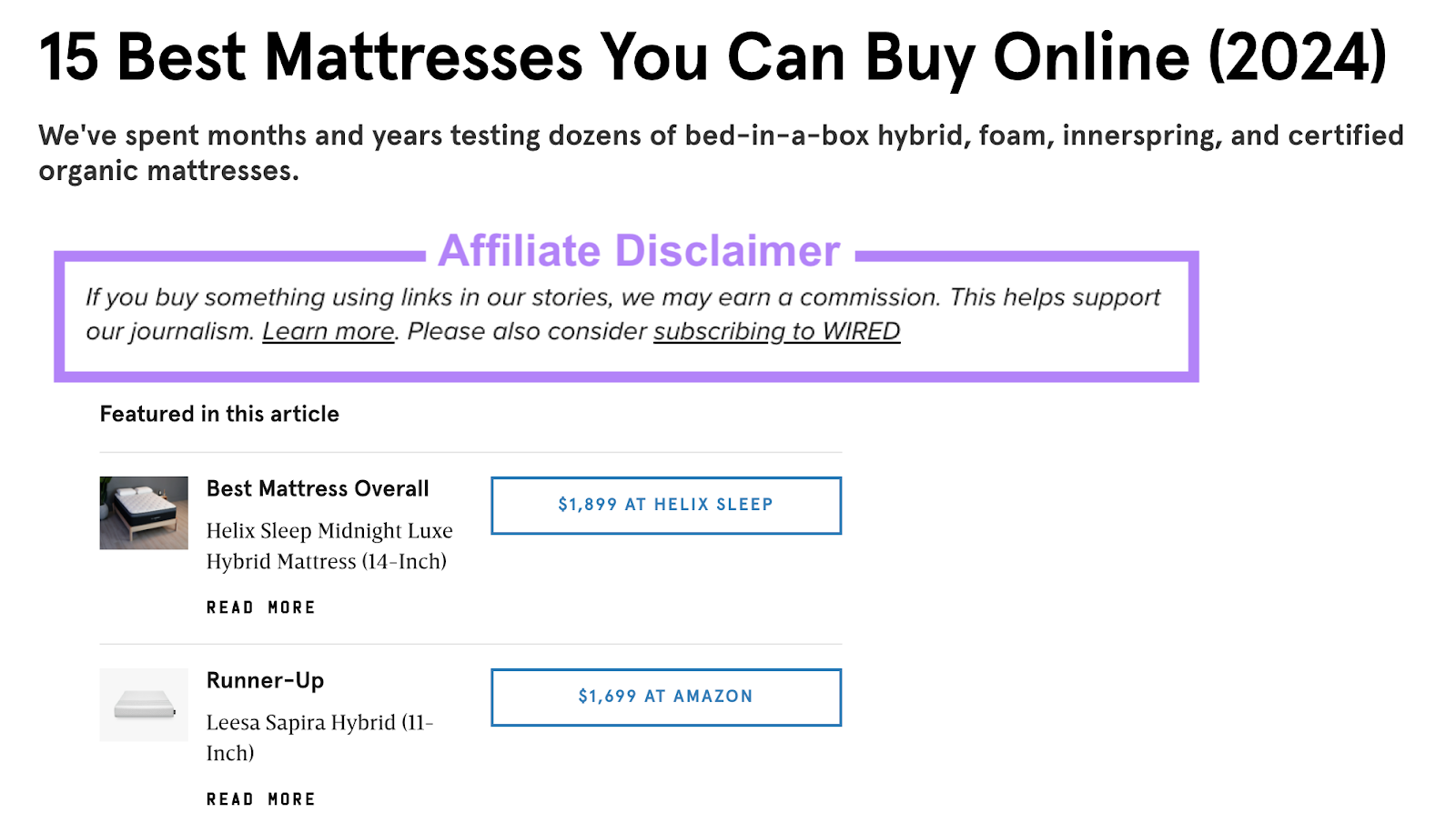 "15 Best Mattresses You Can Buy Online (2024)" article from Wired with affiliate disclaimer