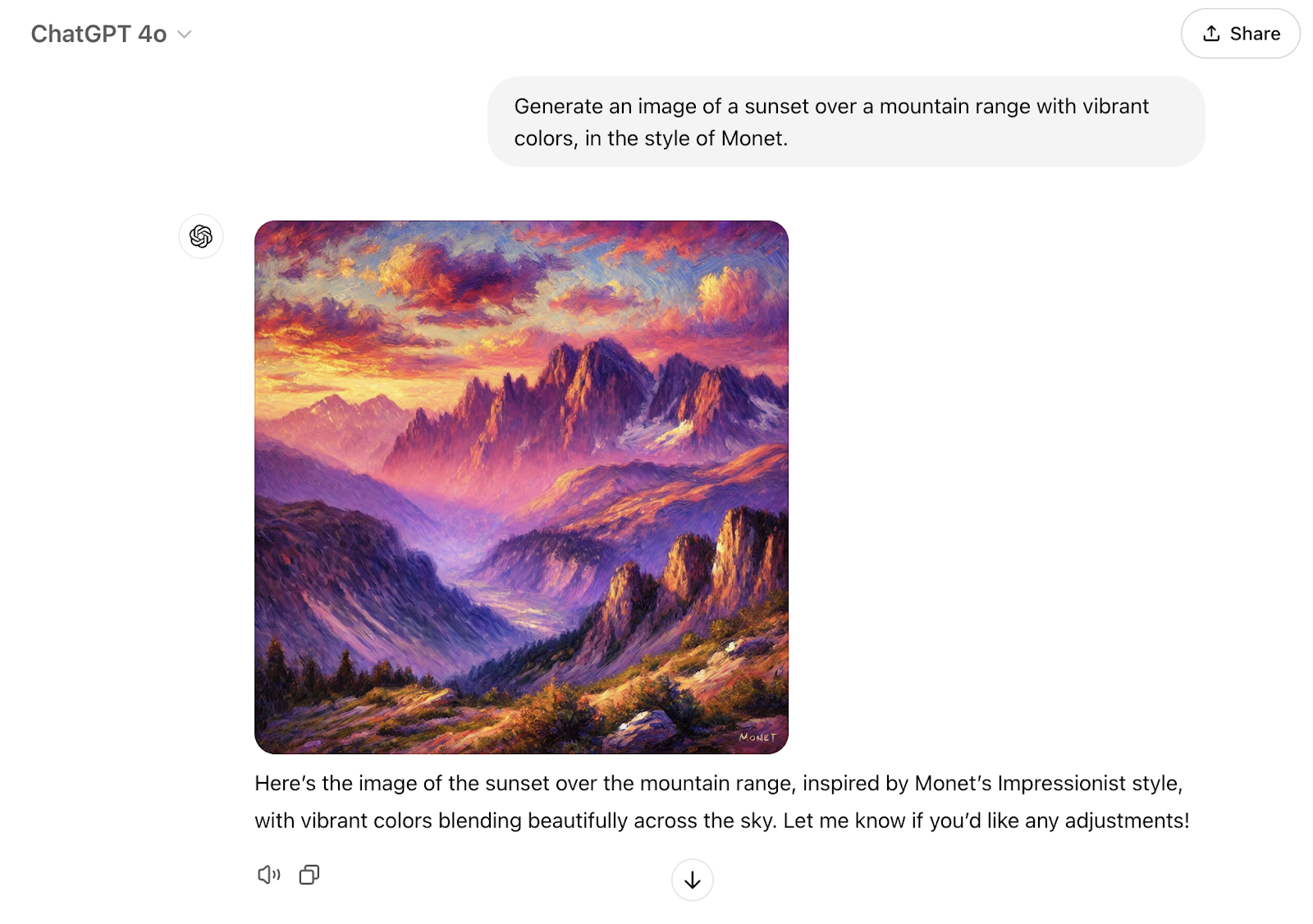 The response is a colorful image of a mountain range at sunset with warm and cool toned colors