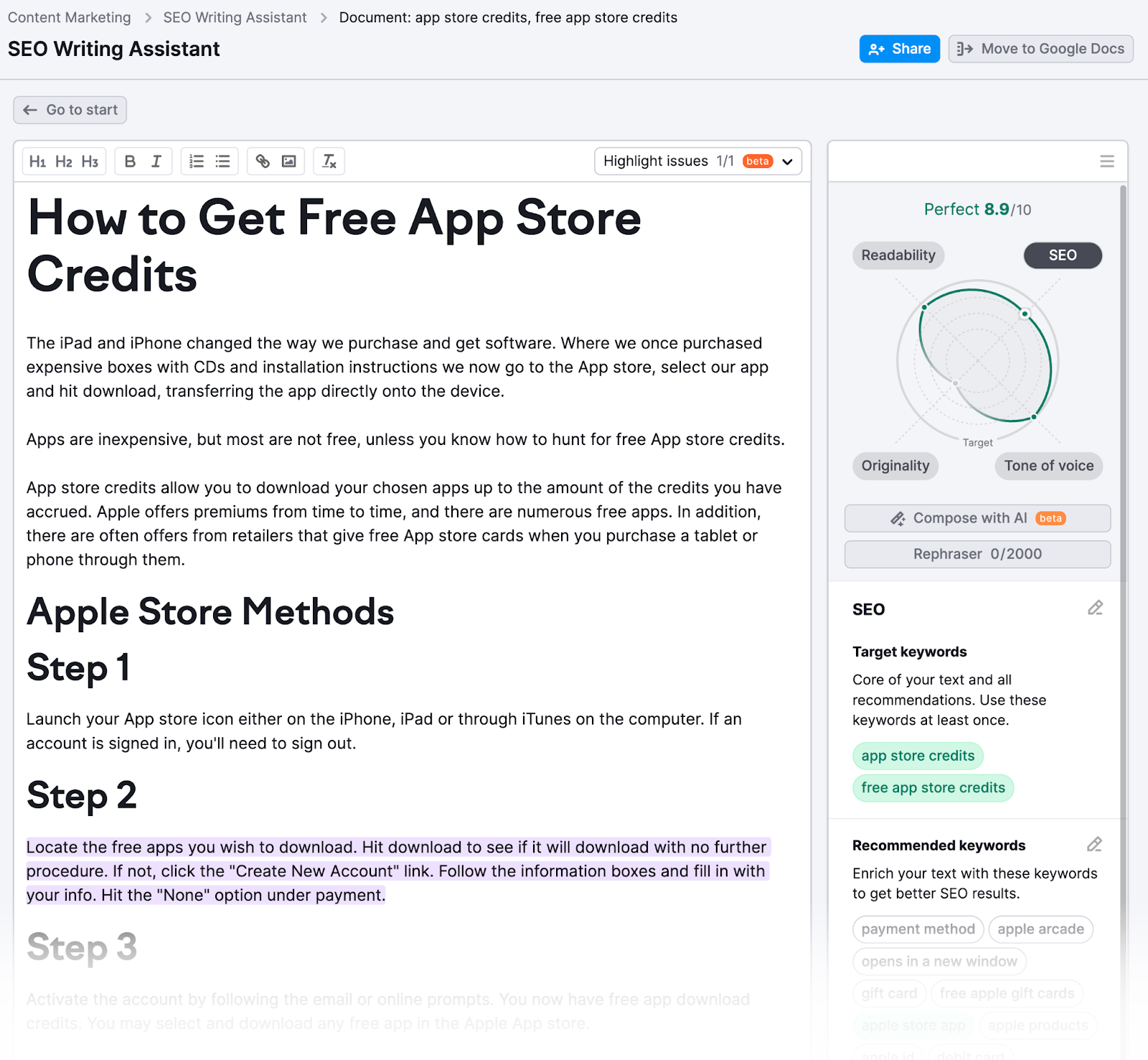 SEO Writing Assistant has a text editor, score, and recommendations
