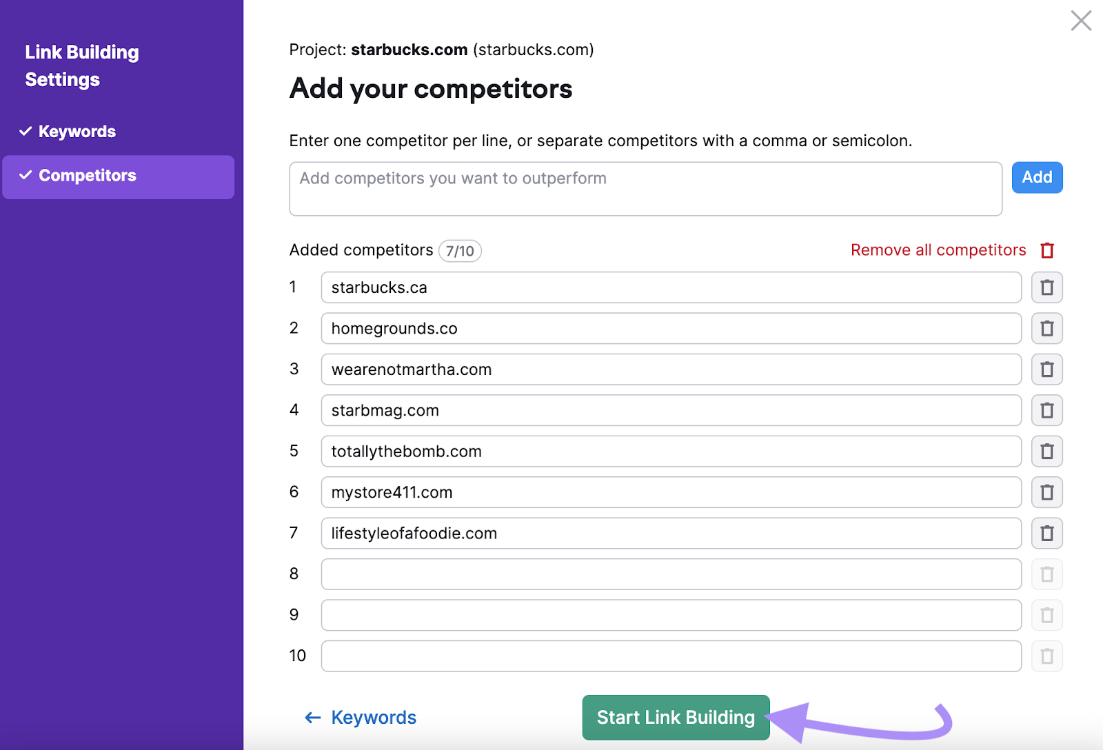 Link Building Tool Settings