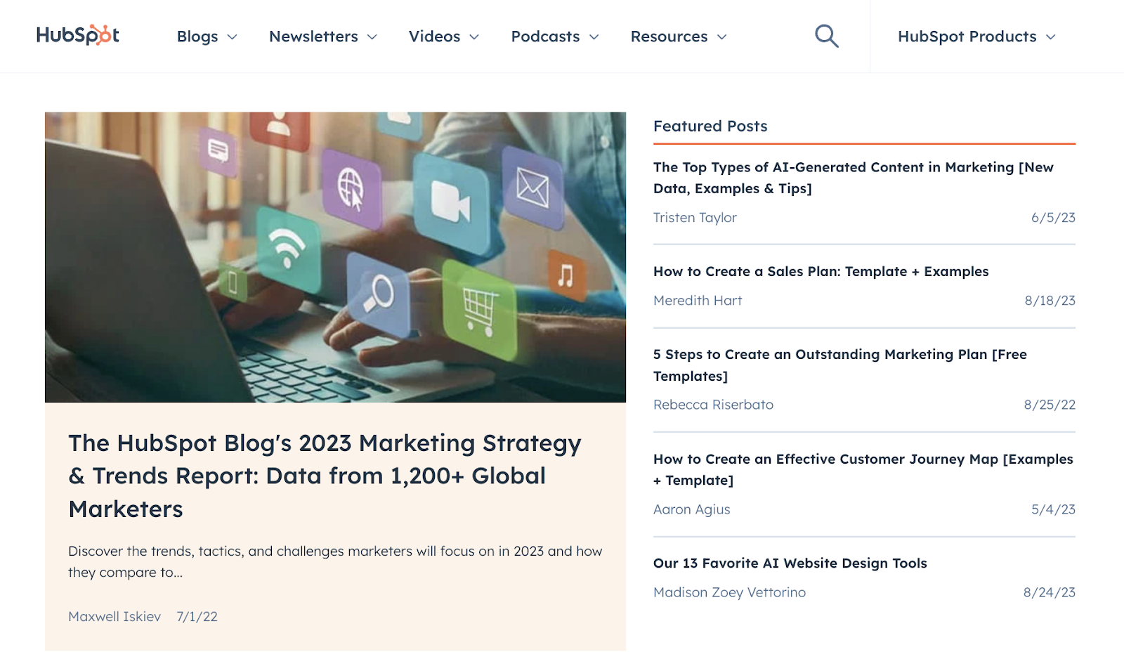 HubSpot's blog landing page