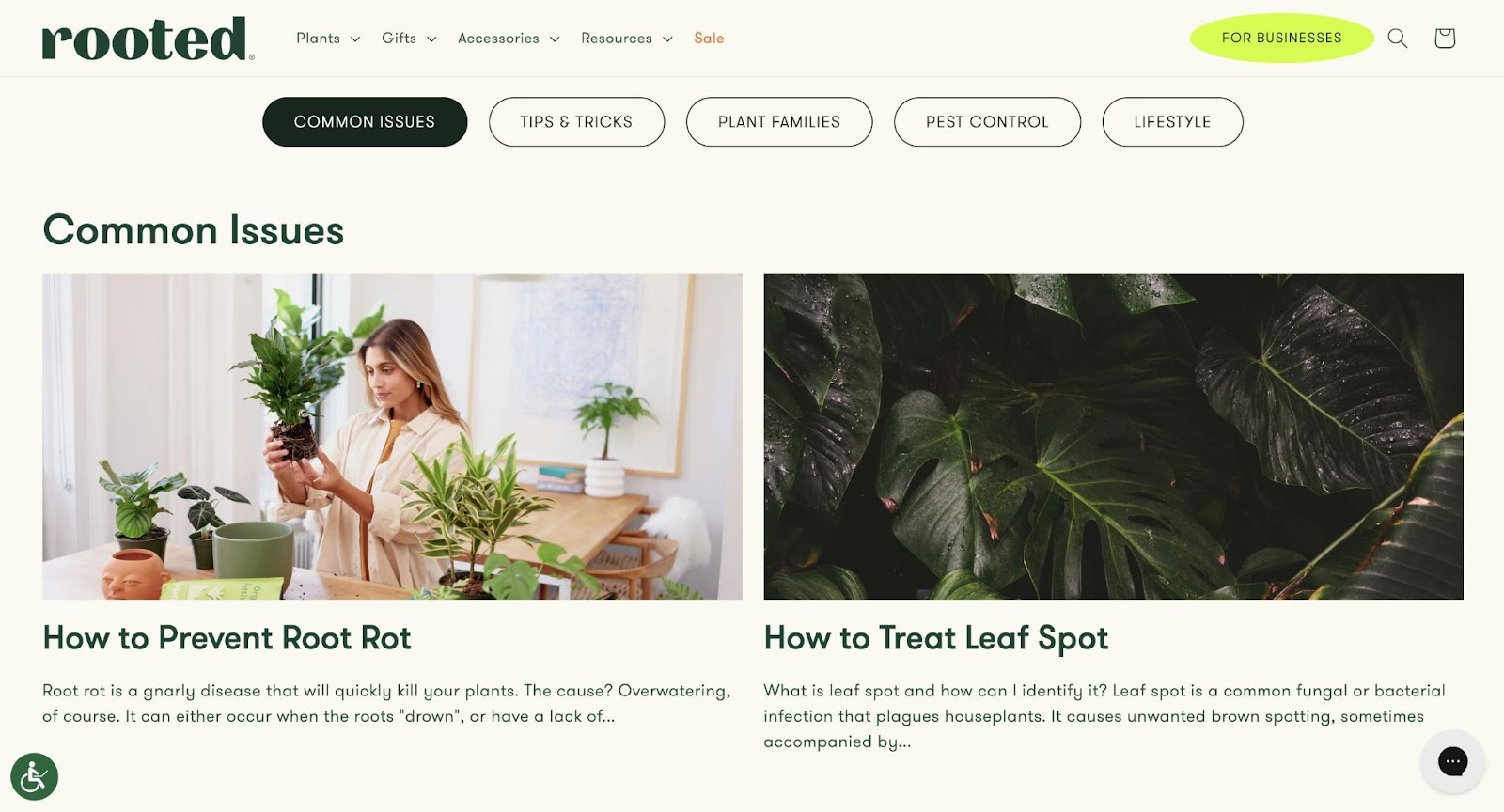 Rooted’s common issues section of the website