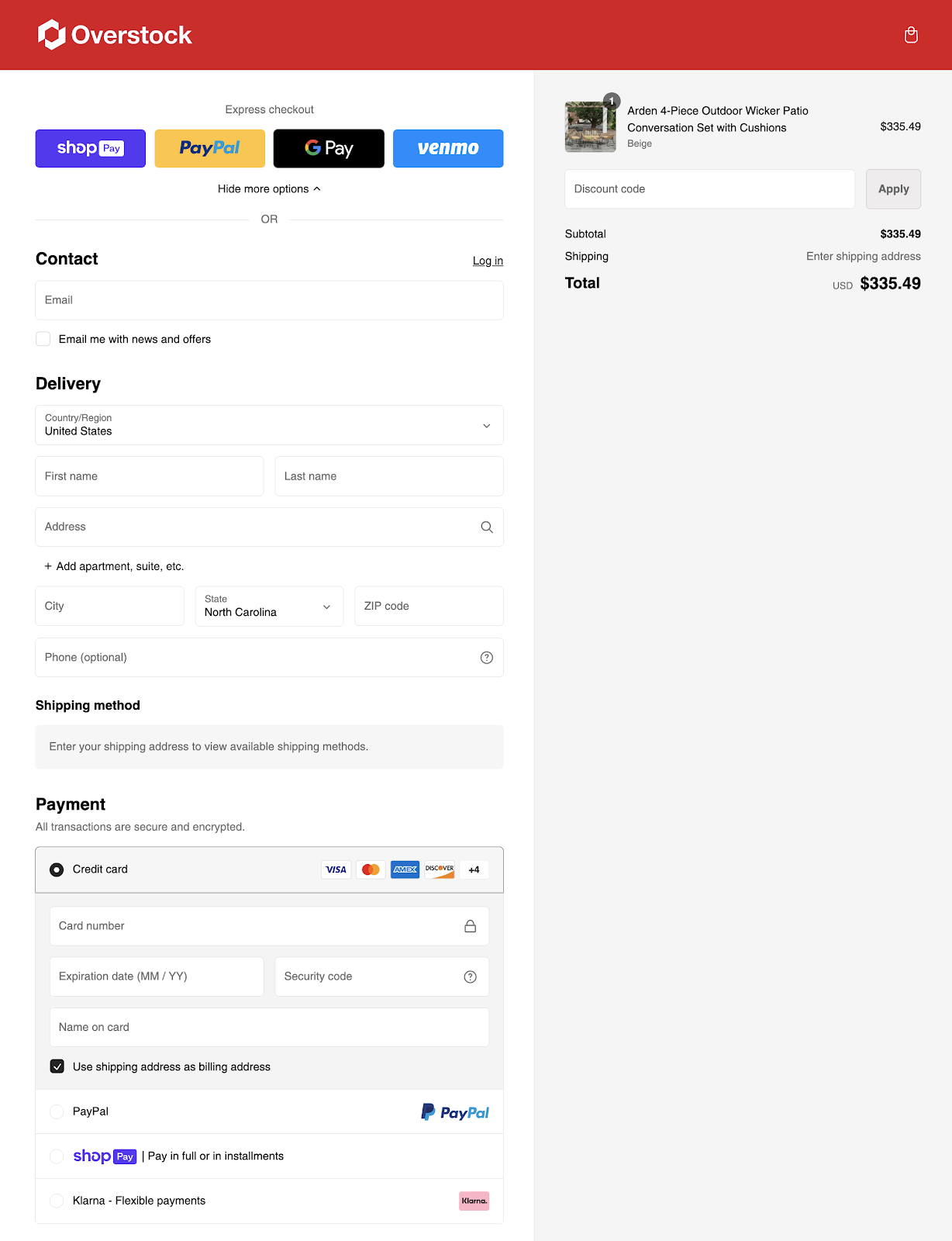 overstock checkout page with multiple payment methods for their target customers
