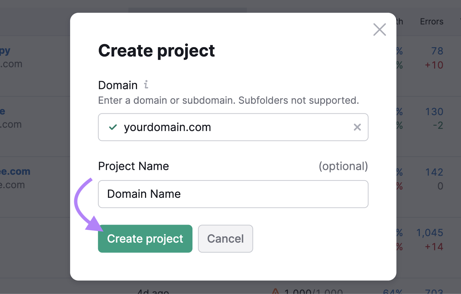 "Create project" pop-up window in Site Audit tool