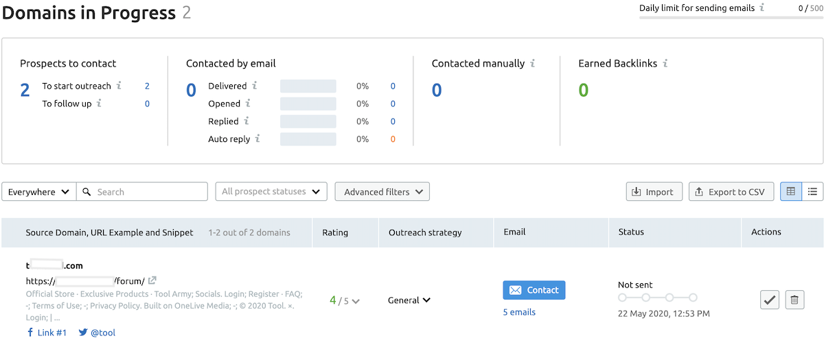 SEMrush link building tool data with emails