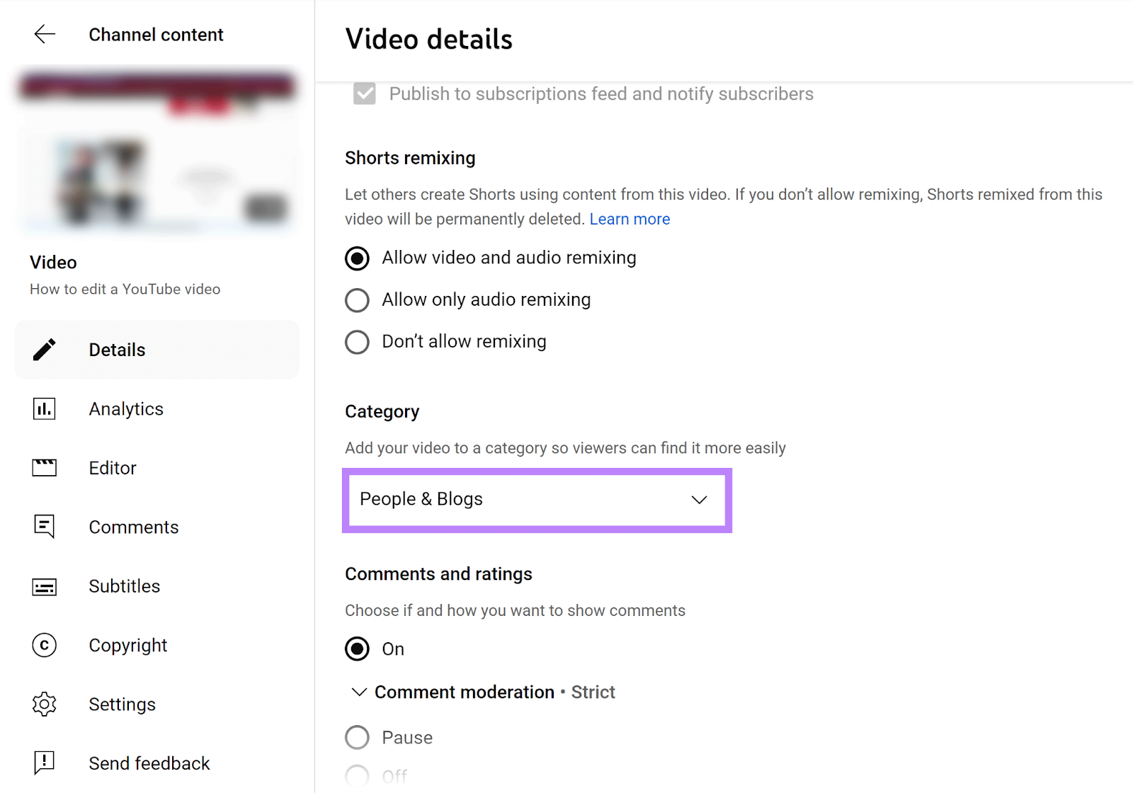 YouTube Video details page with Category dropdown highlighted