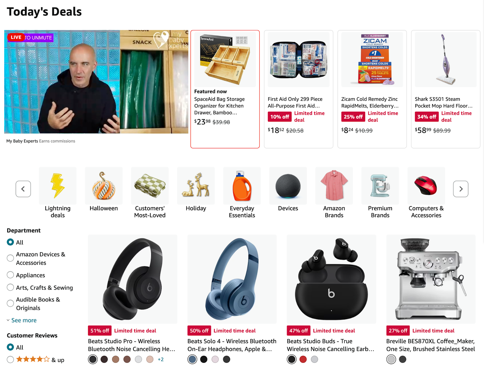 Amazon's Today's Deals page shows items across all categories with marked down prices