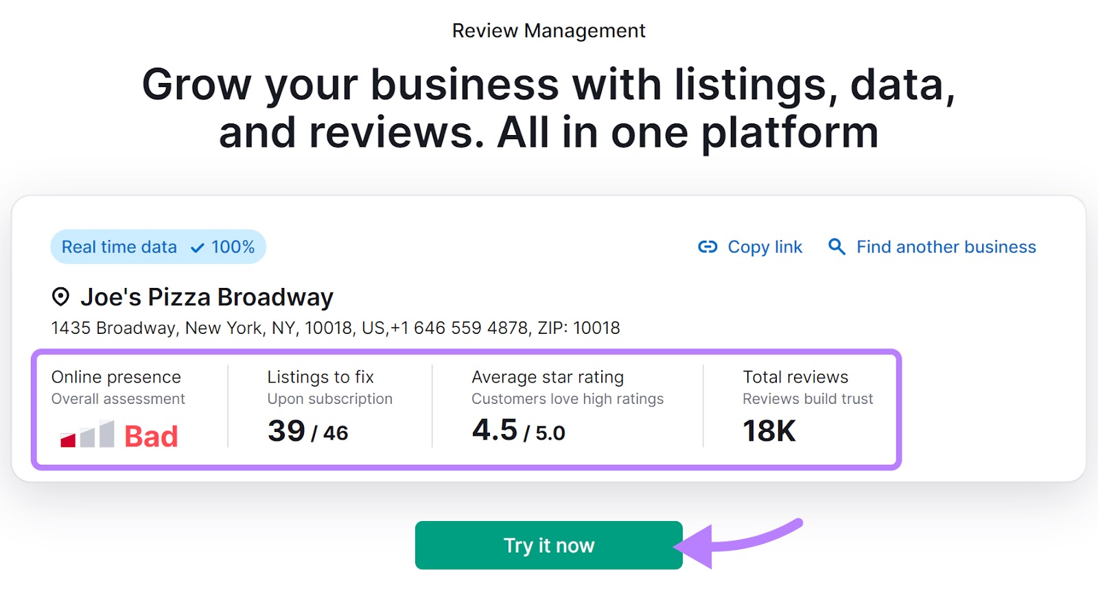 Online presence summary of "Joe's Pizza Broadway" business.