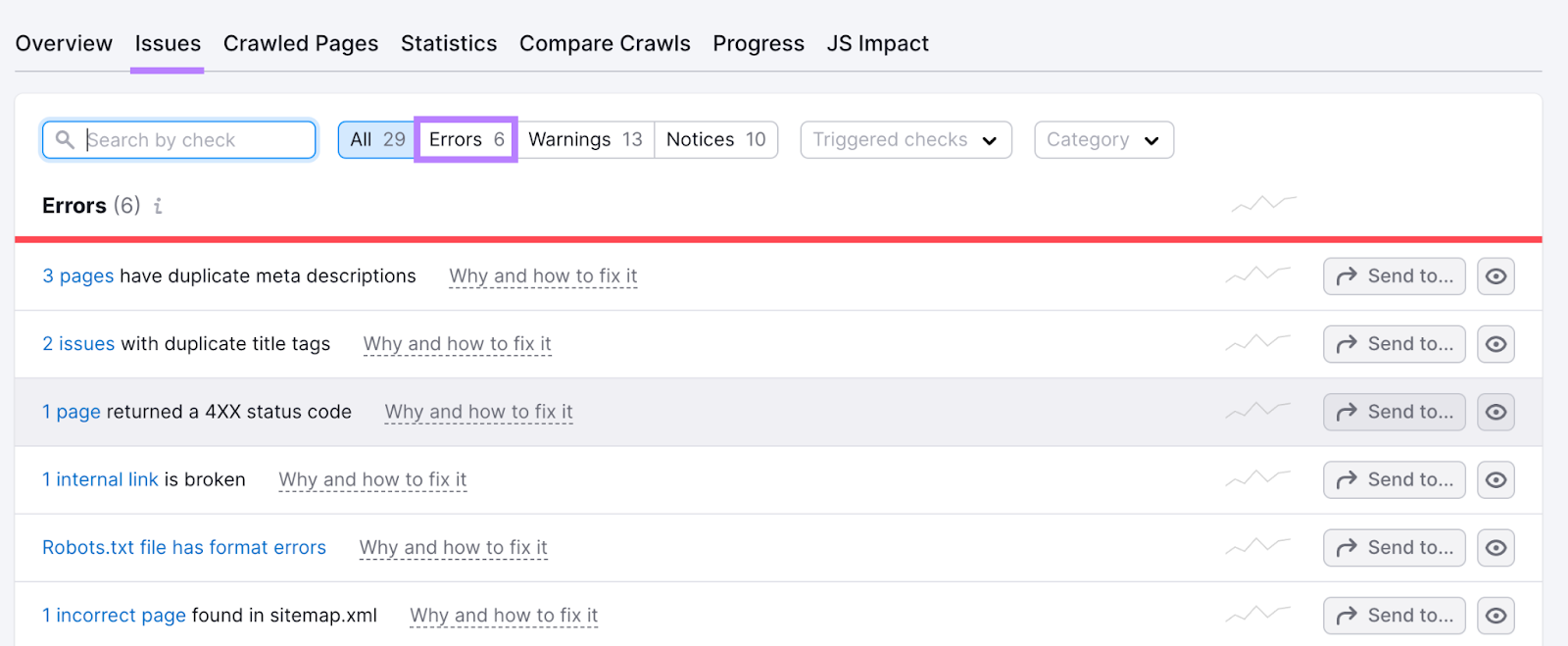 “Errors” page in Site Audit shows issues you should address