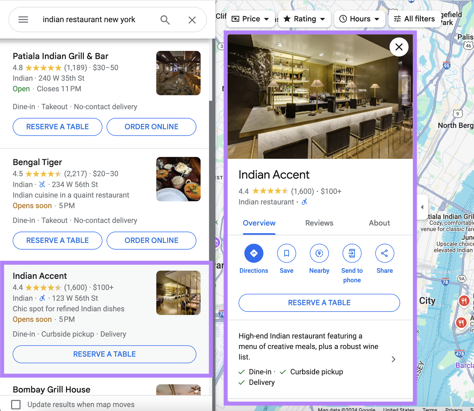 google maps search shows a restaurant, then when expanded, it opens the google business profile