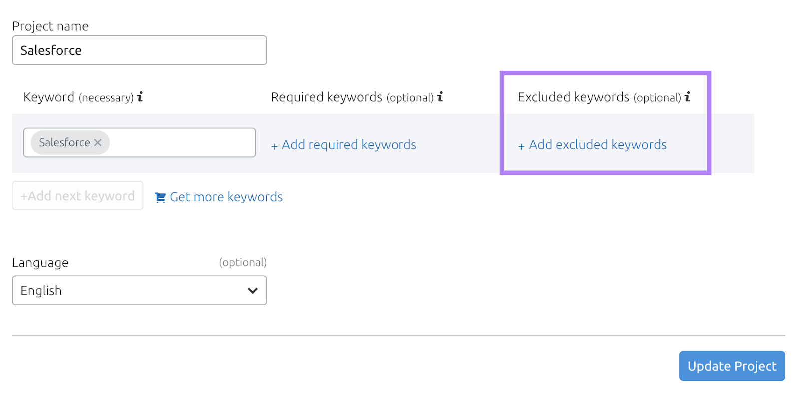 "Excluded keywords (optional)" field