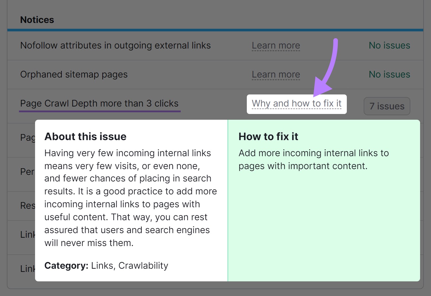 A pop-up window in Site Audit tool explaining an internal linking issue and how to fix it