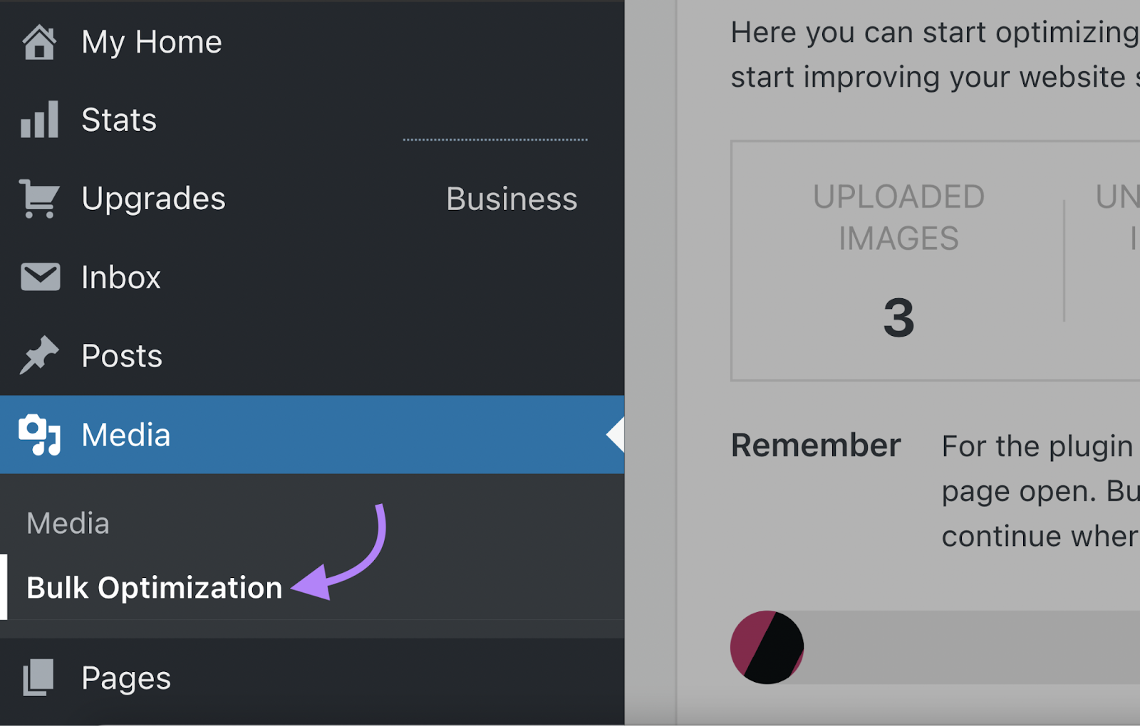 “Bulk Optimization” option shown on the Wordpress menu.