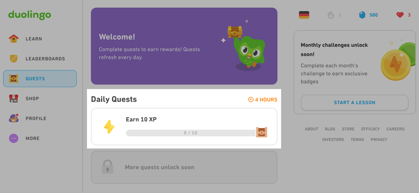 Duolingo dashboard showing a welcome message from the green Duolingo mascotte bird and an option to take daily quests.