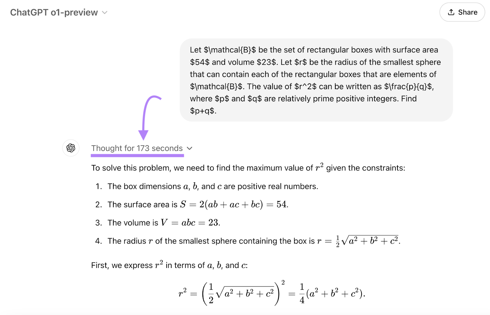 A very complicated math problem is entered as a prompt. The response is a way to solve the problem, step by step with formulas