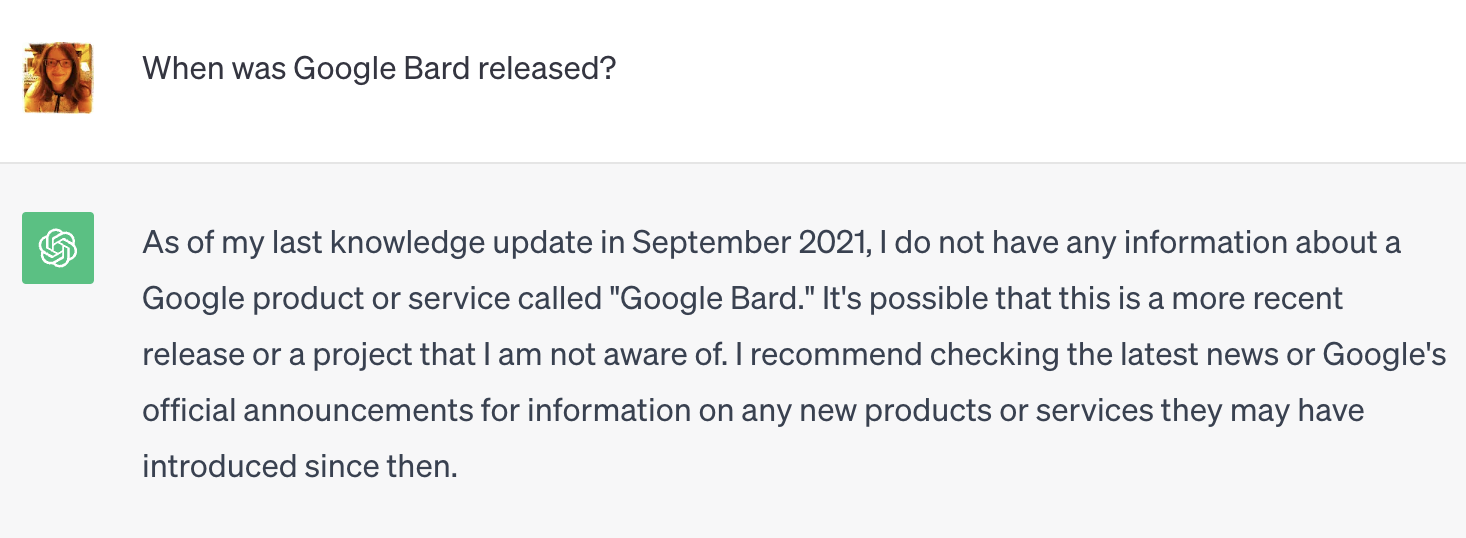 ChatGPT's response to "When was Google Bard released?" query