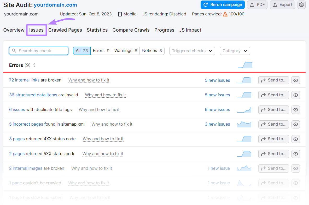 "Issues" tab in Site Audit tool