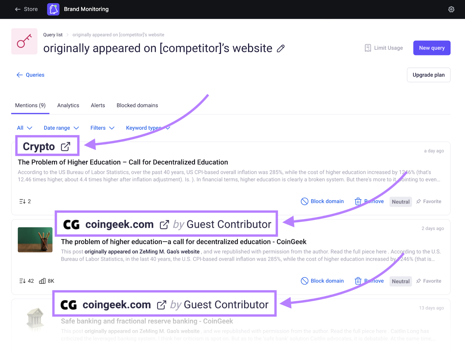 Results in Brand Monitoring tool