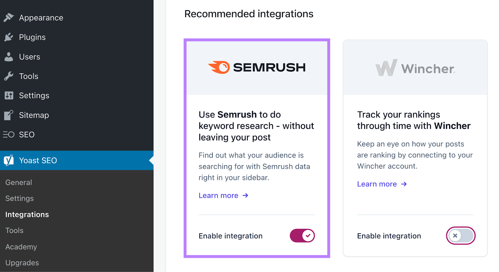 Semrush integration enabled