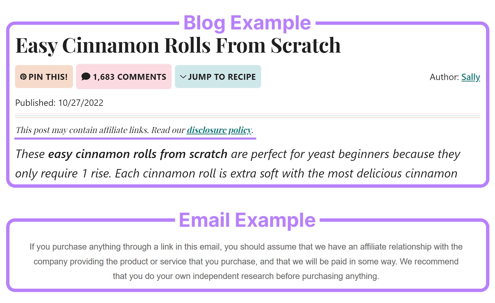 Affiliate disclosure example in blog and email