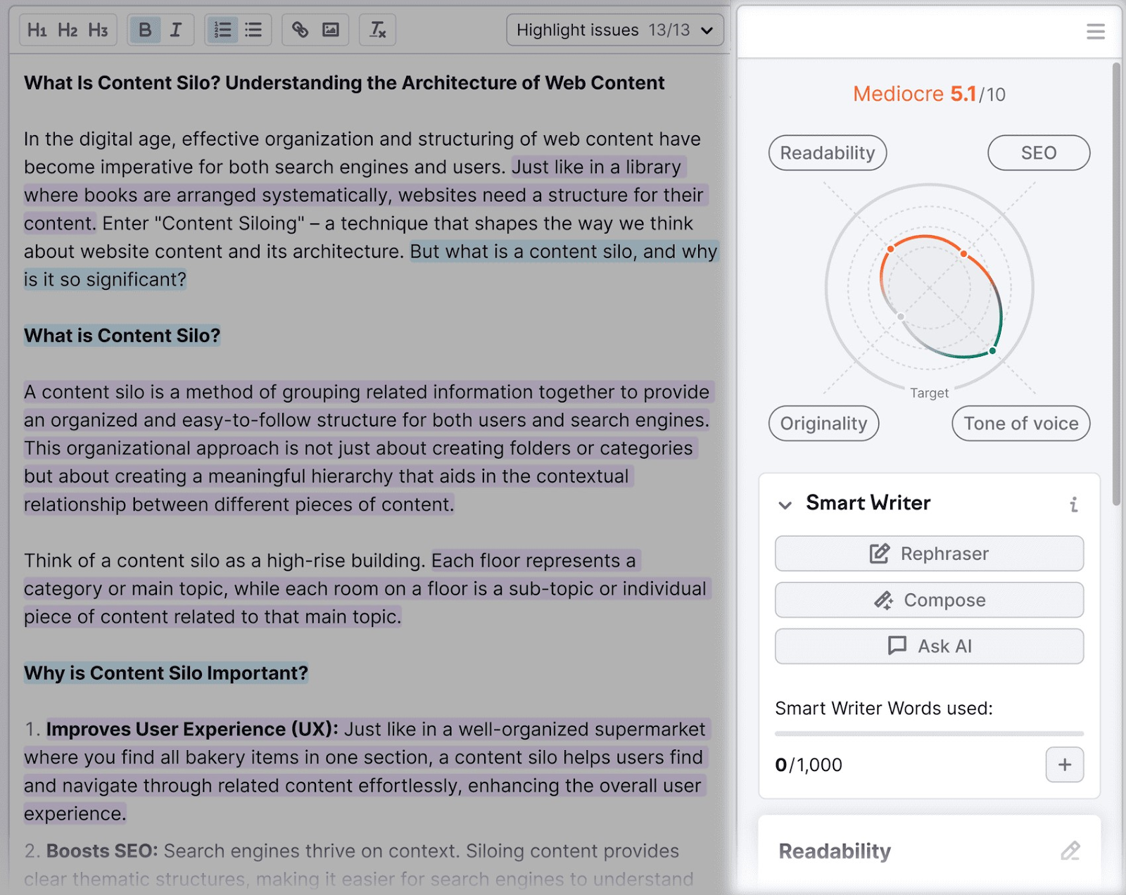 SEO Writing Assistant editor with readability, SEO, originality, and tone of voice suggestions on the right