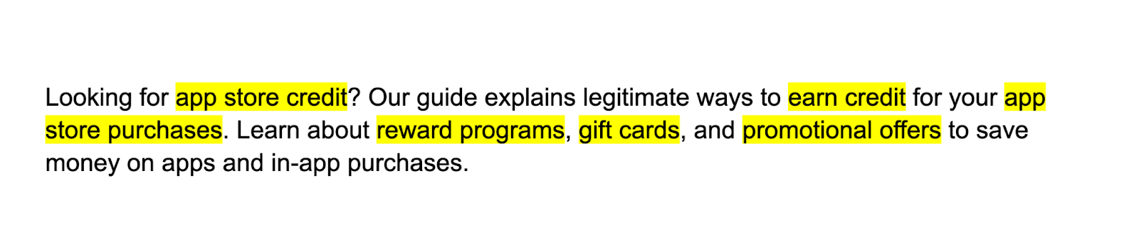 keywords like app store credit, earn credit, reward programs, gift cards, and promotional offers are highlighted in a block of text