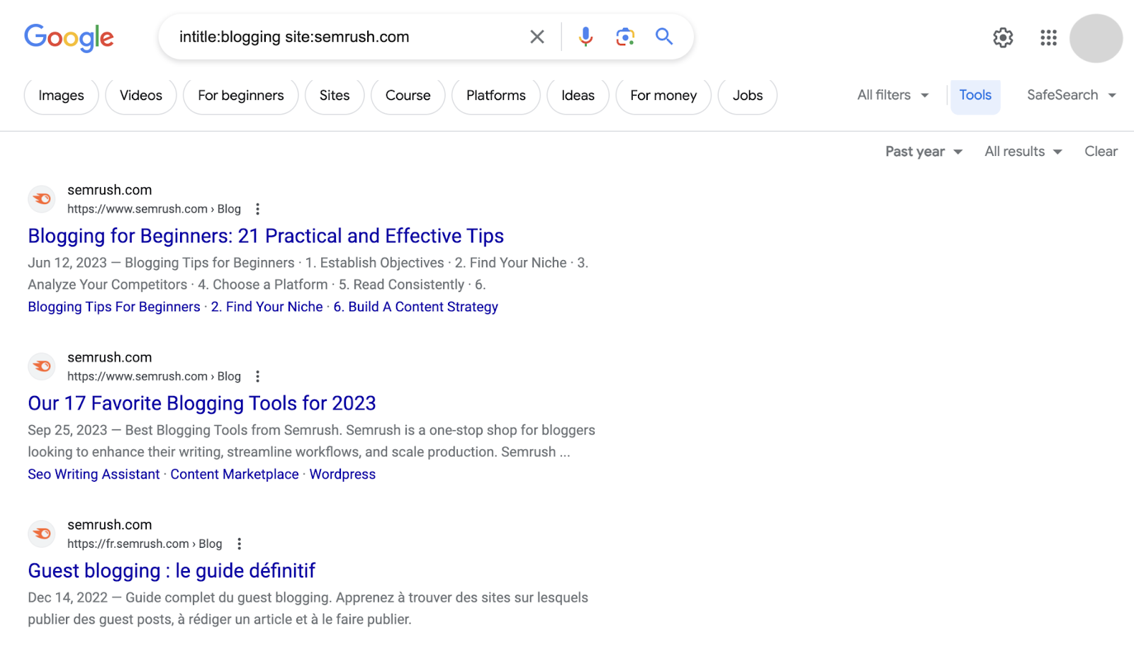 Google SERP for "intitle:blogging site:semrush.com"