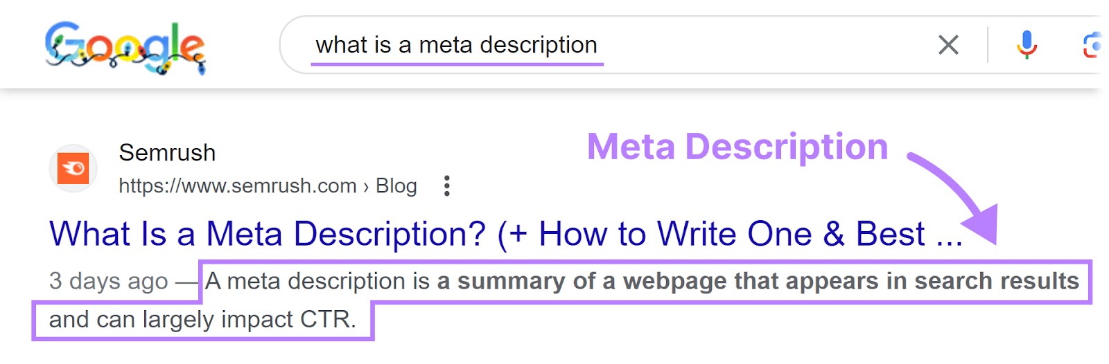 A meta description highlighted on SERP under Semrush's blog